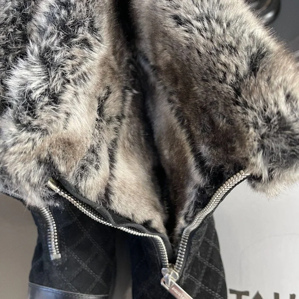 Aquatalia Wanda Snow Winter Boots Womens Size 8 Black Quilted Suede Zip Faux Fur